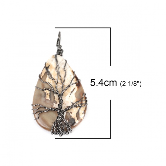 Picture of (Grade A) Agate ( Natural ) Pendants Drop Gunmetal Khaki Tree Wrapped 5.4cm x 2.8cm, 1 Piece