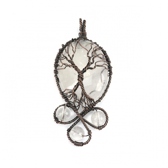 Picture of (Grade A) Crystal ( Natural ) Pendants Antique Copper Transparent Clear Oval Tree Wrapped 8cm x 3.5cm, 1 Piece