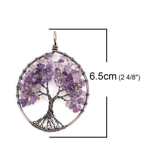 Изображение (Сорт A) Кристаллыы ( Природный ) Подвески Медный Фиолетовый Круглые Дерево Завернутый 6.5см x 5см, 1 ШТ