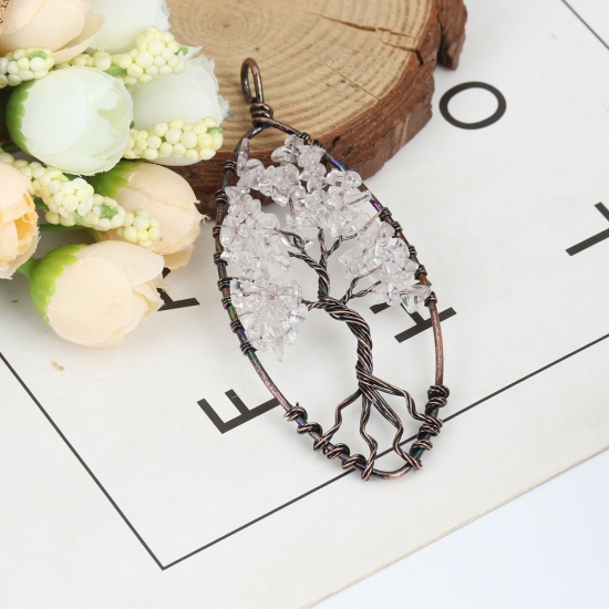 Picture of Stone ( Natural ) Pendants Antique Copper Transparent Clear Marquise Tree Wrapped 9cm x 3.8cm, 1 Piece