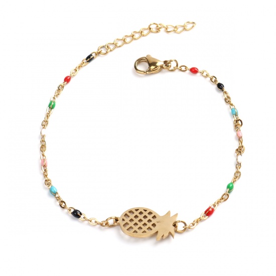 Picture of 304 Stainless Steel Bracelets Gold Plated At Random Pineapple/ Ananas Fruit Enamel 18cm(7 1/8") long, 1 Piece