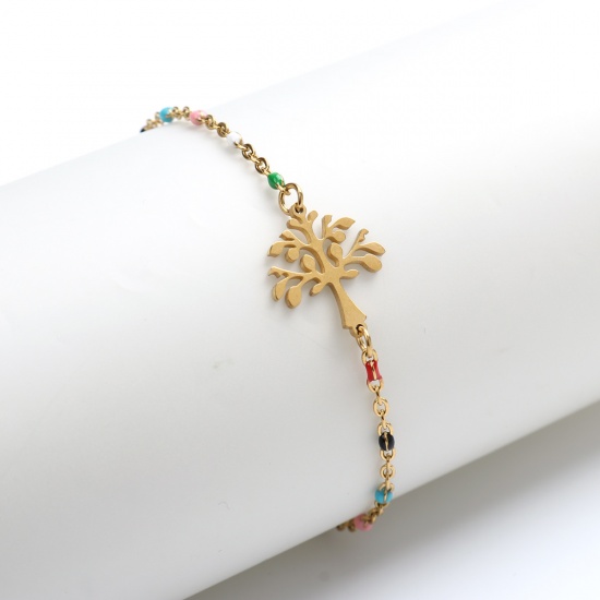 Picture of 304 Stainless Steel Bracelets Gold Plated At Random Tree Enamel 18cm(7 1/8") long, 1 Piece