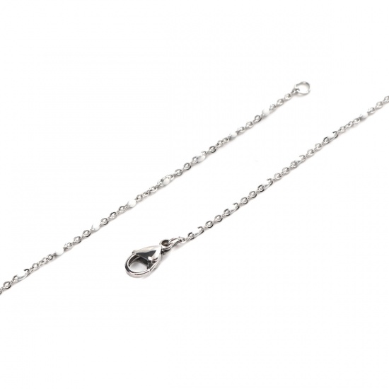 Picture of 304 Stainless Steel Link Cable Chain Necklace Silver Tone White Enamel 45cm(17 6/8") long, 1 Piece