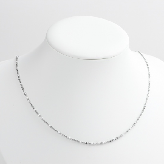 Picture of 304 Stainless Steel Link Cable Chain Necklace Silver Tone White Enamel 45cm(17 6/8") long, 1 Piece