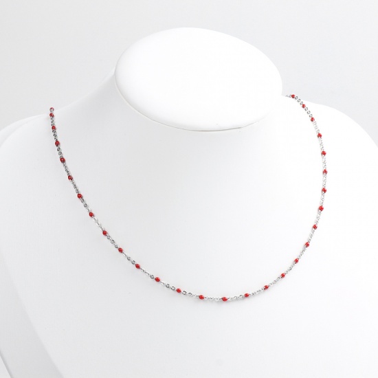Picture of 304 Stainless Steel Link Cable Chain Necklace Silver Tone Red Enamel 45cm(17 6/8") long, 1 Piece