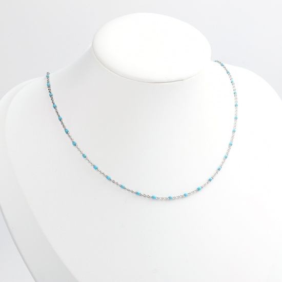 Picture of 304 Stainless Steel Link Cable Chain Necklace Silver Tone Light Blue Enamel 45cm(17 6/8") long, 1 Piece