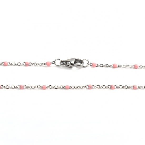 Picture of 304 Stainless Steel Link Cable Chain Necklace Silver Tone Pink Enamel 45cm(17 6/8") long, 1 Piece