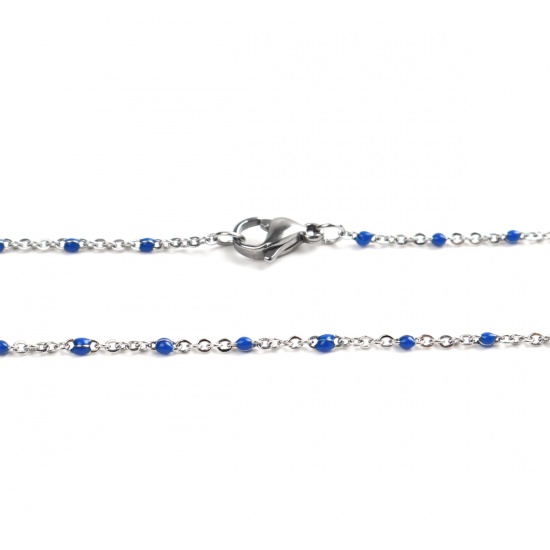 Picture of 304 Stainless Steel Link Cable Chain Necklace Silver Tone Blue Enamel 45cm(17 6/8") long, 1 Piece