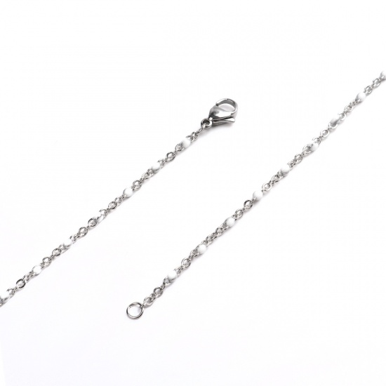 Picture of 304 Stainless Steel Link Cable Chain Necklace Silver Tone White Enamel 50cm(19 5/8") long, 1 Piece