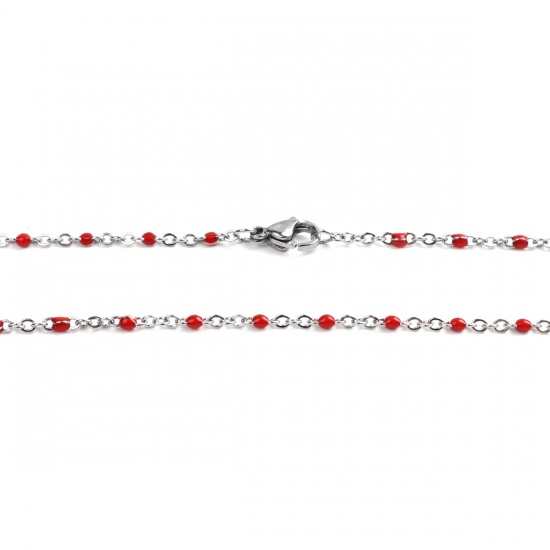 Picture of 304 Stainless Steel Link Cable Chain Necklace Silver Tone Red Enamel 50cm(19 5/8") long, 1 Piece