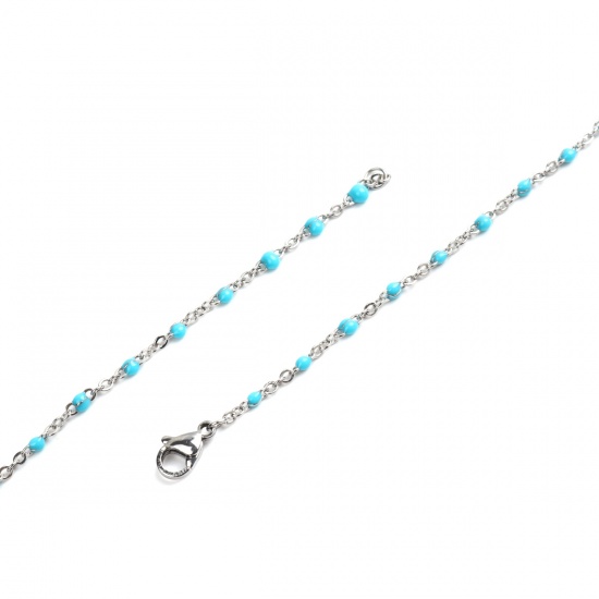 Picture of 304 Stainless Steel Link Cable Chain Necklace Silver Tone Light Blue Enamel 50cm(19 5/8") long, 1 Piece