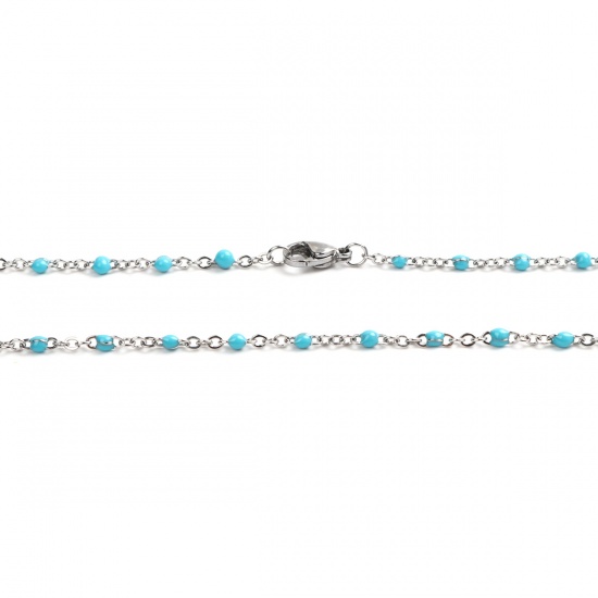 Picture of 304 Stainless Steel Link Cable Chain Necklace Silver Tone Light Blue Enamel 50cm(19 5/8") long, 1 Piece