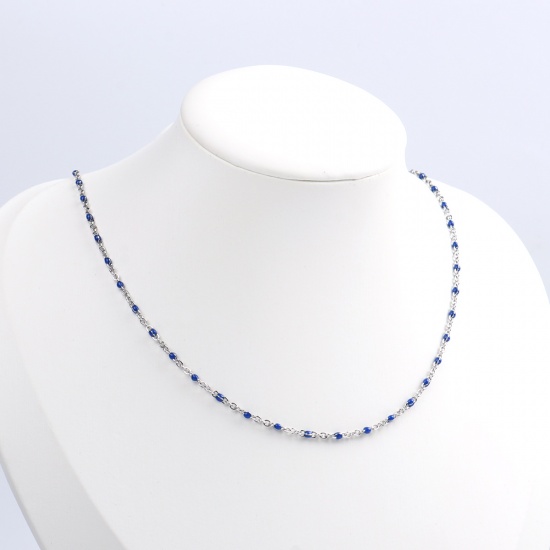 Picture of 304 Stainless Steel Link Cable Chain Necklace Silver Tone Blue Enamel 50cm(19 5/8") long, 1 Piece
