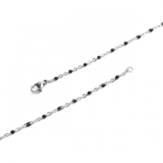 Picture of 304 Stainless Steel Link Cable Chain Necklace Silver Tone Black Enamel 50cm(19 5/8") long, 1 Piece