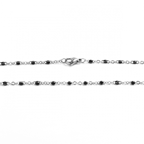 Picture of 304 Stainless Steel Link Cable Chain Necklace Silver Tone Black Enamel 50cm(19 5/8") long, 1 Piece