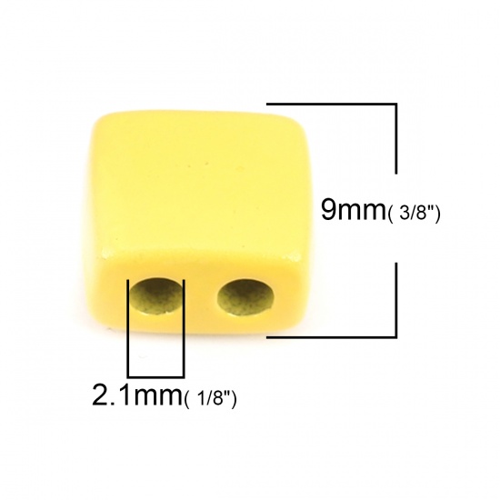 Immagine di Lega di Zinco Smalto Perline Due Fori Rettangolo Giallo Circa 9mm x 8mm, Foro:Circa 2.1mm, 10 Pz