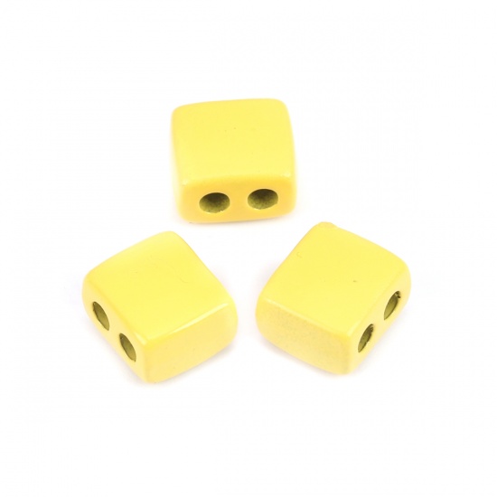 Immagine di Lega di Zinco Smalto Perline Due Fori Rettangolo Giallo Circa 9mm x 8mm, Foro:Circa 2.1mm, 10 Pz