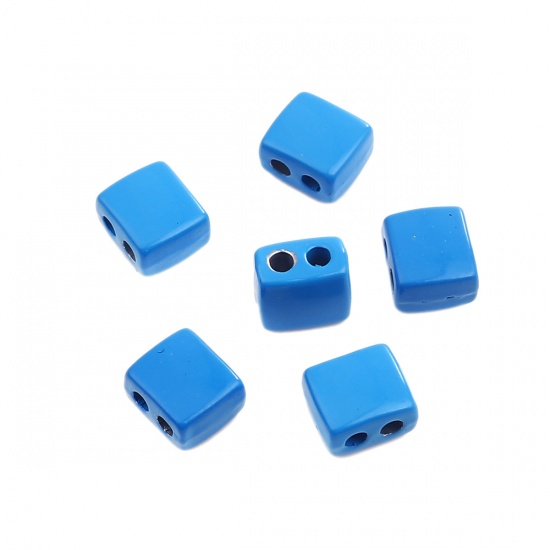 Immagine di Lega di Zinco Smalto Perline Due Fori Rettangolo Blu Pavone Circa 9mm x 8mm, Foro:Circa 2.1mm, 10 Pz