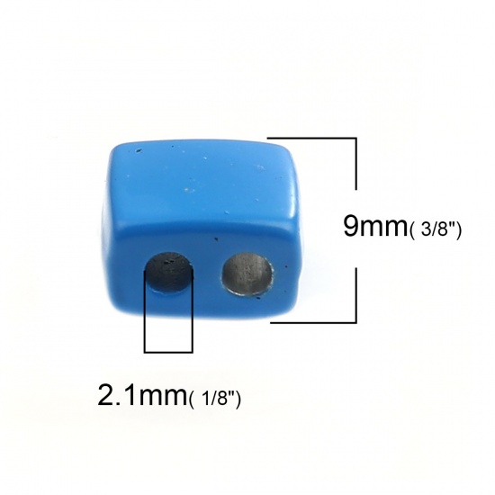 Immagine di Lega di Zinco Smalto Perline Due Fori Rettangolo Blu Pavone Circa 9mm x 8mm, Foro:Circa 2.1mm, 10 Pz