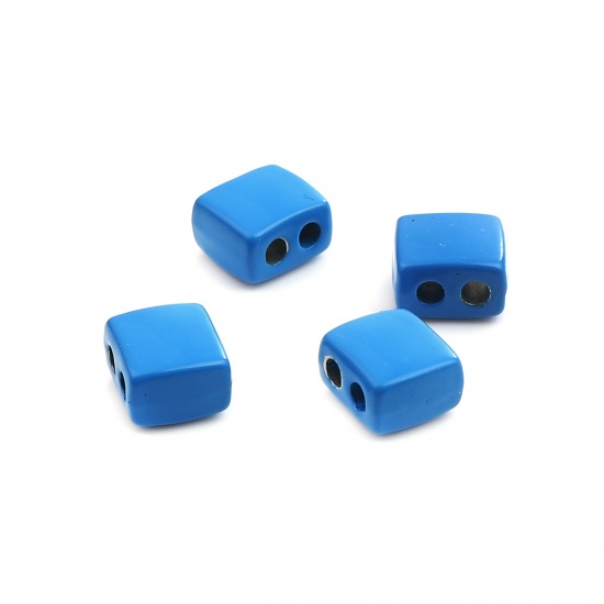 Immagine di Lega di Zinco Smalto Perline Due Fori Rettangolo Blu Pavone Circa 9mm x 8mm, Foro:Circa 2.1mm, 10 Pz