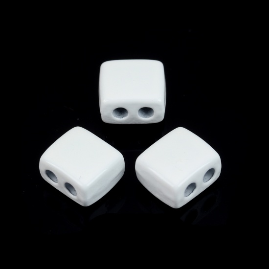 Immagine di Lega di Zinco Smalto Perline Due Fori Rettangolo Bianco Circa 9mm x 8mm, Foro:Circa 2.1mm, 10 Pz