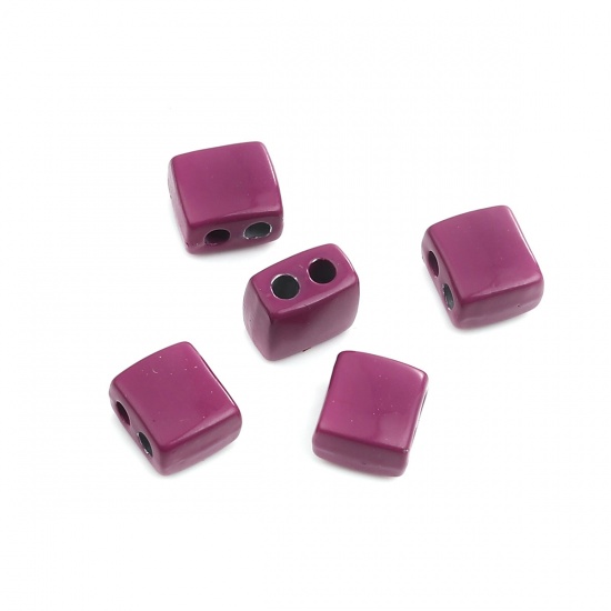 Picture of Zinc Based Alloy Enamel Spacer Beads Two Holes Rectangle Fuchsia About 9mm x 8mm, Hole: Approx 2.1mm, 10 PCs