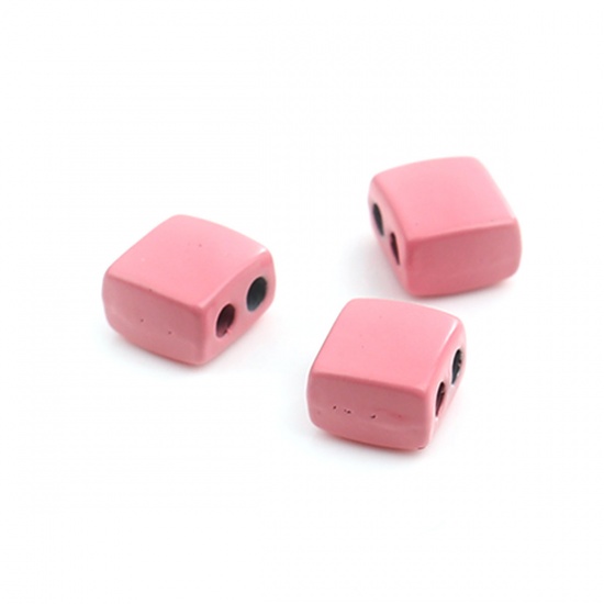 Immagine di Lega di Zinco Smalto Perline Due Fori Rettangolo Arancione Rosa Circa 9mm x 8mm, Foro:Circa 2.1mm, 10 Pz