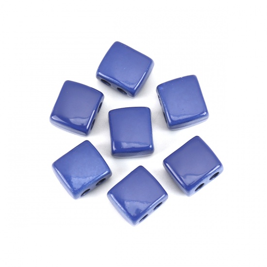 Picture of Zinc Based Alloy Enamel Spacer Beads Two Holes Rectangle Royal Blue About 9mm x 8mm, Hole: Approx 2.1mm, 10 PCs