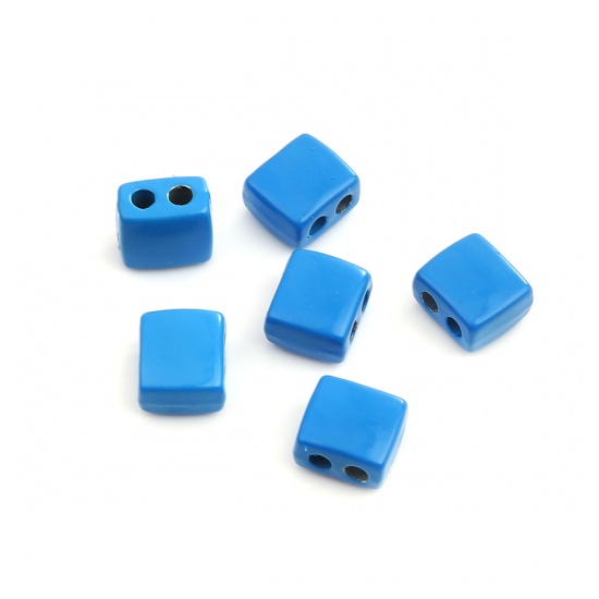 Immagine di Lega di Zinco Smalto Perline Due Fori Rettangolo Blu Circa 9mm x 8mm, Foro:Circa 2.1mm, 10 Pz