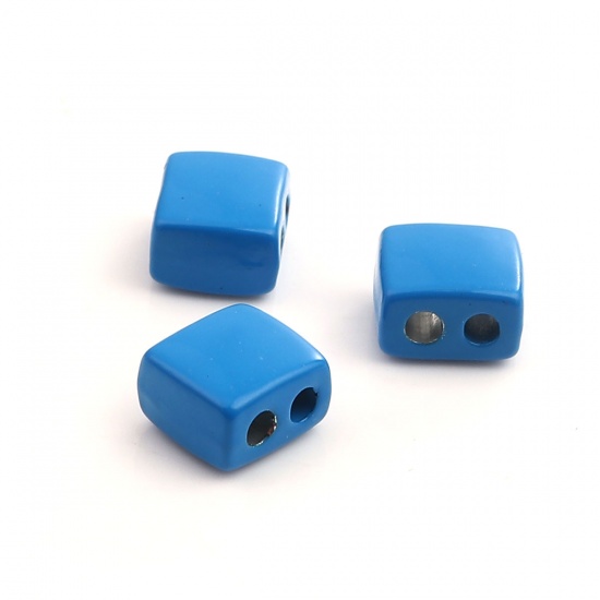 Immagine di Lega di Zinco Smalto Perline Due Fori Rettangolo Blu Circa 9mm x 8mm, Foro:Circa 2.1mm, 10 Pz