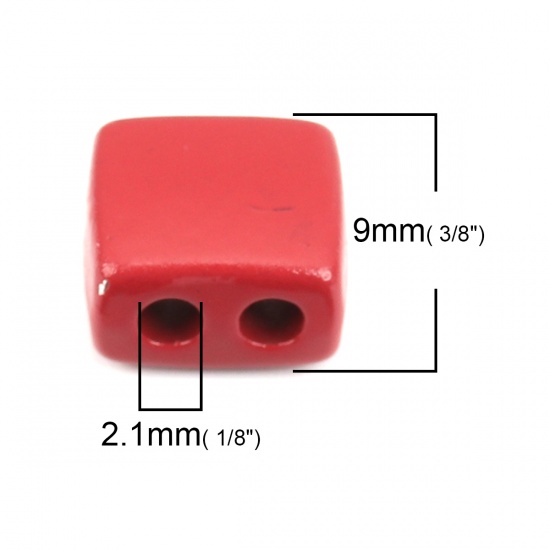 Immagine di Lega di Zinco Smalto Perline Due Fori Rettangolo Rosso Circa 9mm x 8mm, Foro:Circa 2.1mm, 10 Pz