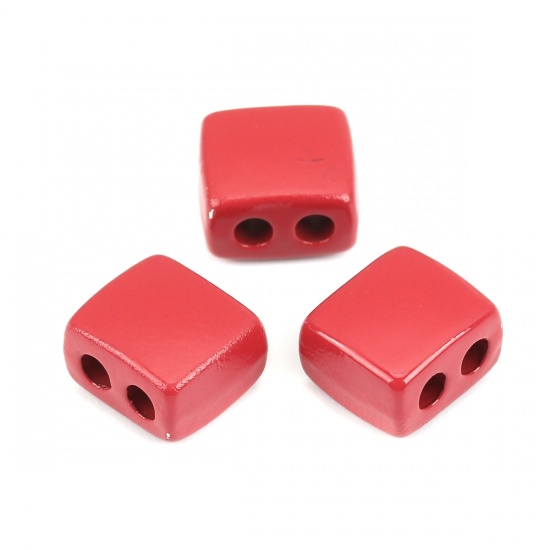 Immagine di Lega di Zinco Smalto Perline Due Fori Rettangolo Rosso Circa 9mm x 8mm, Foro:Circa 2.1mm, 10 Pz