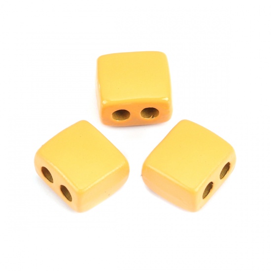 Immagine di Lega di Zinco Smalto Perline Due Fori Rettangolo Arancione Circa 9mm x 8mm, Foro:Circa 2.1mm, 10 Pz