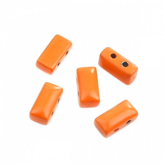 Immagine di Lega di Zinco Smalto Perline Due Fori Rettangolo Arancione Circa 12mm x 6mm, Foro:Circa 1.6mm, 10 Pz