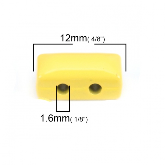 Изображение Цинковый Сплав эмаль Бусины Два отверстия Прямоугольник Желтый Около 12мм x 6мм, Отверстие:примерно 1.6мм, 10 ШТ