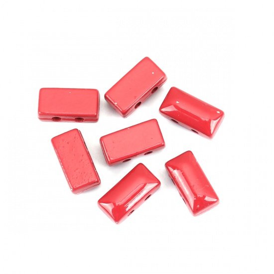 亜鉛合金 メタル 金属 エナメル スペーサー ビーズ 2つ穴 長方形 赤 約 12mm x 6mm、 穴：約 1.6mm、 10 個 の画像