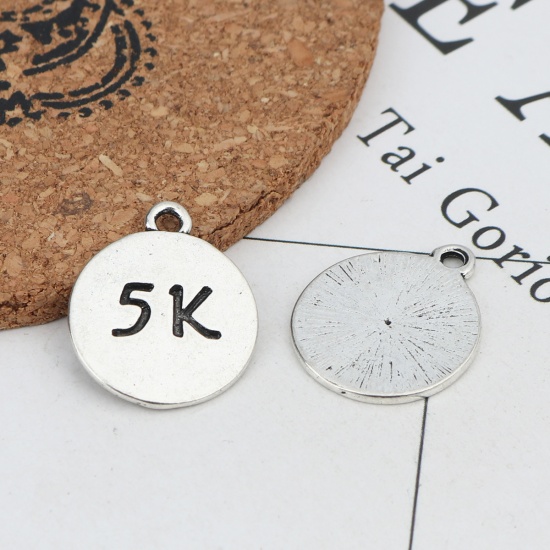 Picture of Zinc Based Alloy Charms Round Antique Silver Message " 5K " 23mm x 20mm, 10 PCs