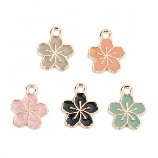 Picture of Zinc Based Alloy Charms Flower Gold Plated Black Enamel 15mm x 12mm, 20 PCs