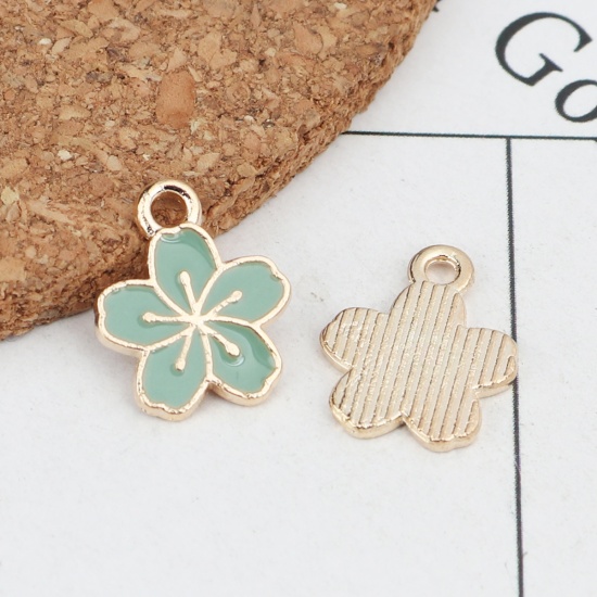 Picture of Zinc Based Alloy Charms Flower Gold Plated Sage Green Enamel 15mm x 12mm, 20 PCs