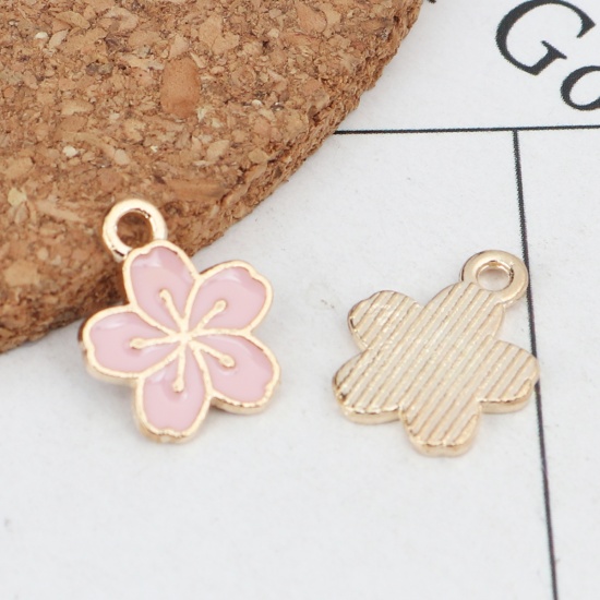 Picture of Zinc Based Alloy Charms Flower Gold Plated Pink Enamel 15mm x 12mm, 20 PCs