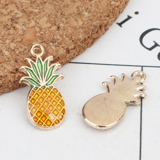 Picture of Zinc Based Alloy Charms Pineapple/ Ananas Fruit Gold Plated Green & Orange Enamel 17mm x 9mm, 20 PCs