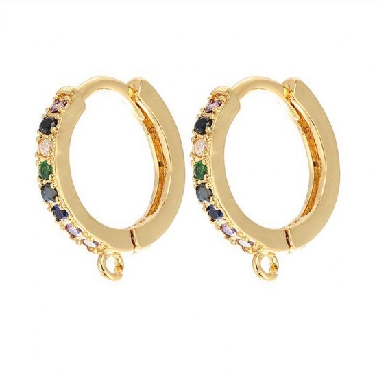 Picture of Brass Ear Clips Earrings 18K Gold Color Round With Loop Multicolour Cubic Zirconia 16mm x 14mm, Post/ Wire Size: (18 gauge), 1 Pair                                                                                                                           