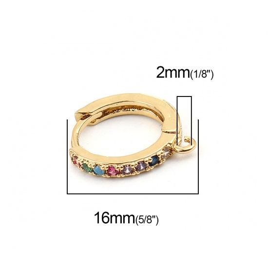 Image de Boucles d'Oreilles à Clip en Laiton Plaqué Or 18K Rond avec Boucle à Zirconia Cubique Multicolore 16mm x 14mm, Epaisseur de Fil: (18 gauge), 1 Paire