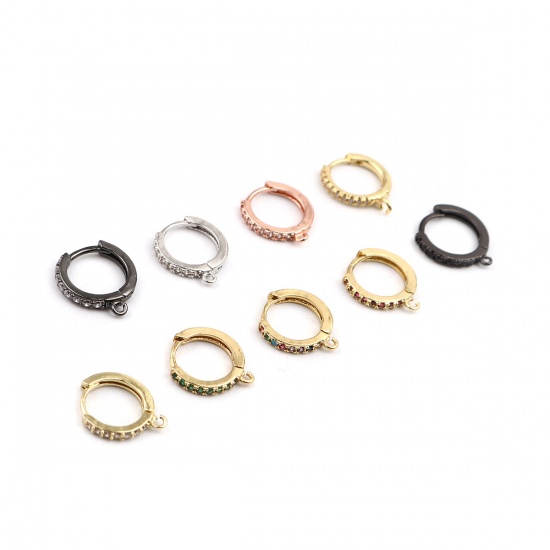 Image de Boucles d'Oreilles à Clip en Laiton Plaqué Or 18K Rond avec Boucle à Zirconia Cubique Multicolore 16mm x 14mm, Epaisseur de Fil: (18 gauge), 1 Paire