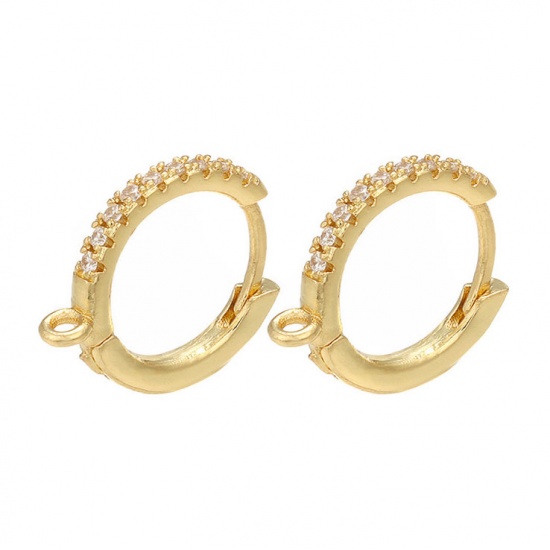 Picture of Brass Ear Clips Earrings 18K Gold Color Round With Loop Clear Cubic Zirconia 16mm x 15mm, Post/ Wire Size: (18 gauge), 1 Pair                                                                                                                                 
