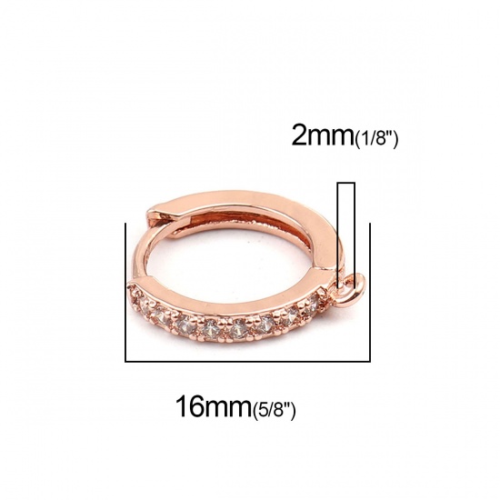 Picture of Brass Ear Clips Earrings Rose Gold Round W/ Loop Clear Cubic Zirconia 16mm x 15mm, Post/ Wire Size: (18 gauge), 1 Pair                                                                                                                                        