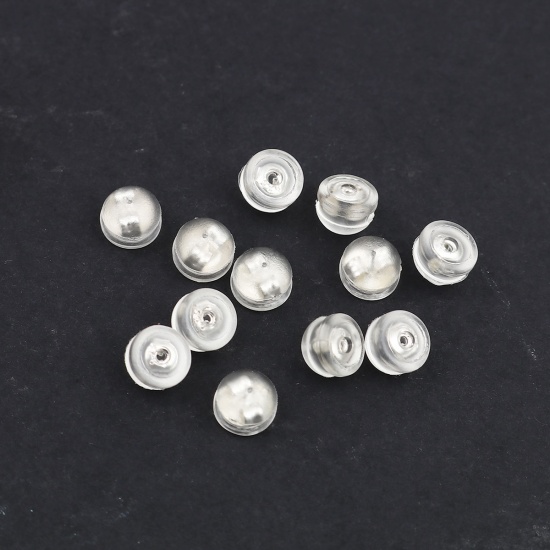 Picture of Silicone Ear Nuts Post Stopper Earring Findings Half Round Silver Transparent Clear 5mm x 4mm, 20 PCs