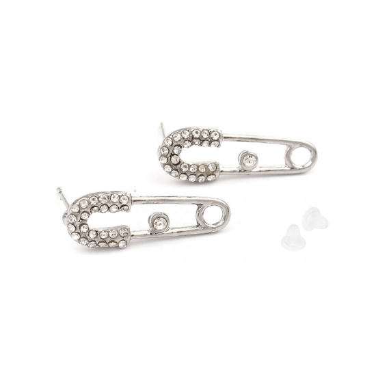Picture of Zinc Based Alloy Ear Post Stud Earrings Findings Pin Silver Tone W/ Stoppers Clear Rhinestone 23mm x 8mm, Post/ Wire Size: (21 gauge), 5 PCs