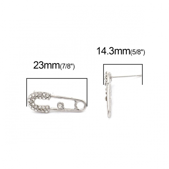 Immagine di Lega di Zinco Orecchini a Perno Tappi di Orecchini Spilla Tono Argento W / Tappi Trasparente Strass 23mm x 8mm, Diametro Filo: (21 misura), 5 Pz