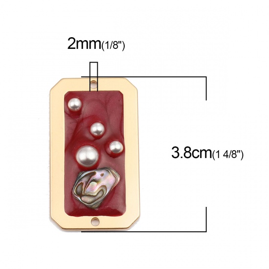 Bild von Zinklegierung + Muschel Verbinder Rechteck Vergoldet Rot mit Muschelschale Muster Emaille, 3.8cm x 2.1cm, 5 Stück